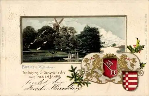 Präge Wappen Litho Hansestadt Bremen, Wallanlagen, Windmühle, Neujahrsgrüße