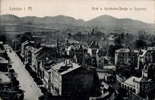 Ak Landau in der Pfalz, Panorama, Blick auf Westbahnstraße und Vogesen