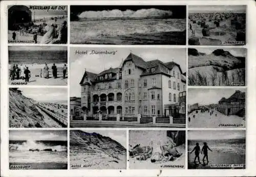 Ak Westerland auf Sylt, Hotel Dünenburg, Strandhallen, Dünen, Brandung, rotes Kliff, Nordbad, Küste