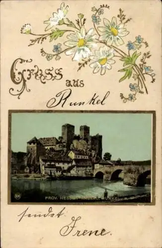 Präge Passepartout Ak Runkel an der Lahn, Burg, Brücke