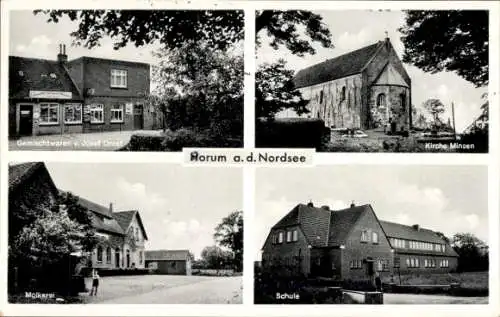 Ak Horum Wangerland in Friesland, Kirche Minsen, Molkerei, Schule, Geschäft