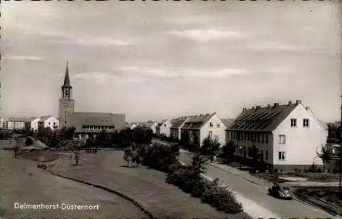 Ak Düsternort Delmenhorst in Niedersachsen, Kirche und Wohnhäuser, Straße