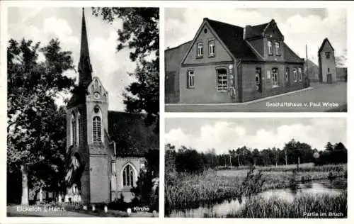 Ak Eickeloh in Niedersachsen, Kirche, Geschäftshaus, im Bruch