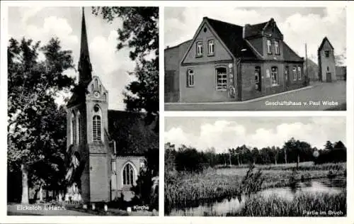 Ak Eickeloh in Niedersachsen, Kirche, Geschäftshaus, im Bruch