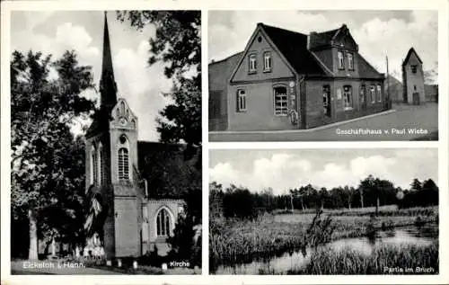 Ak Eickeloh in Niedersachsen, Kirche, Geschäftshaus, im Bruch