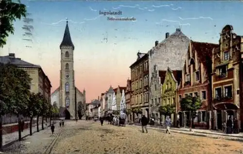Ak Ingolstadt an der Donau Oberbayern, Schrannenstraße, Kirche, Häuserfassaden