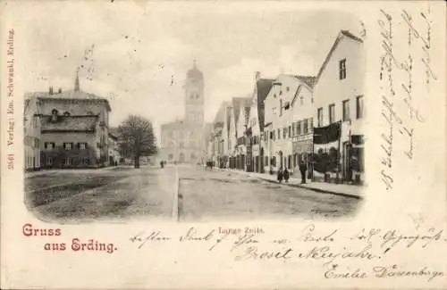 Ak Erding in Oberbayern, Lange Zeile, Geschäfte, Kirche