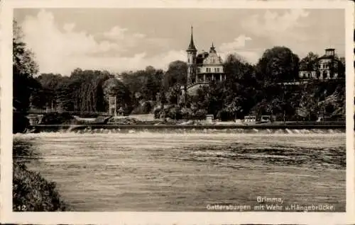 Ak Grimma in Sachsen, Gattersburgen, Wehr, Hängebrücke