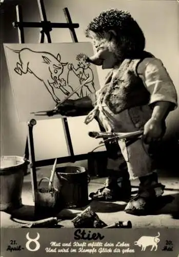 Ak Mecki der Igel als Maler, Sternzeichen Stier, Taurus, 21. April bis 20. Mai