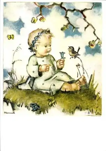 Künstler Ak Hummel, B., Kind, Wiese, Blumen, Vogel, Schmetterling