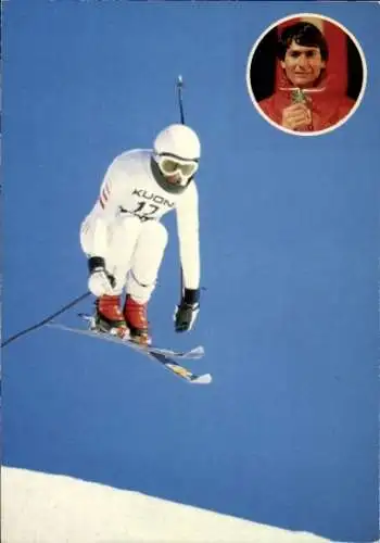 Reklamekarte Wintersport, Ski, Conradian Cathomen, Silbermedaille Abfahrt