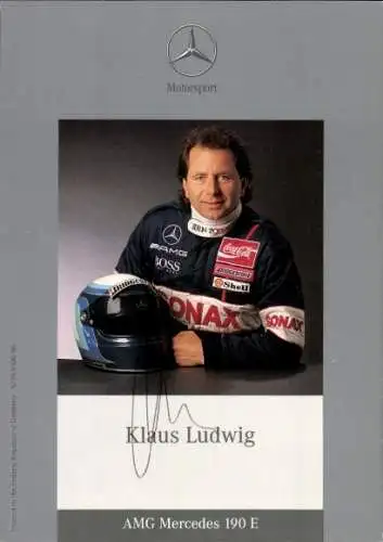 Autogrammkarte Motorrennsport, Rennfahrer Klaus Ludwig, AMG Mercedes 190E