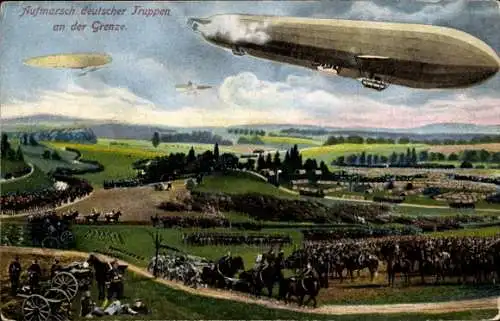 Ak Aufmarsch deutscher Truppen im Feindesland, Luftschiffe, Zeppeline, I. WK