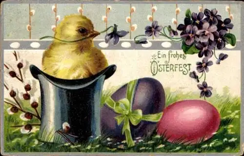 Präge Ak Glückwunsch Ostern, Küken im Zylinder, Ostereier, Veilchen, Weidenkätzchen