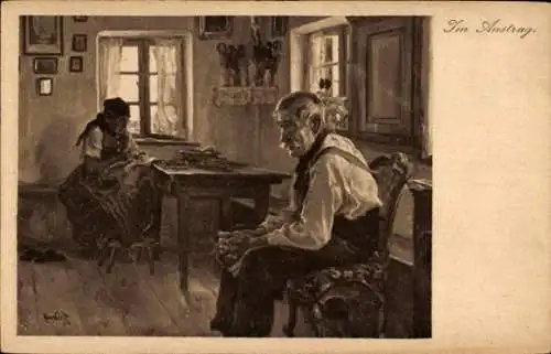 Künstler Ak Moderne Kunst, Bauernstube, Frau beim Nähen, Tisch