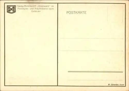Ak Motorschiff Odenwald, HAPAG, Frachtschiff nach Ostasien