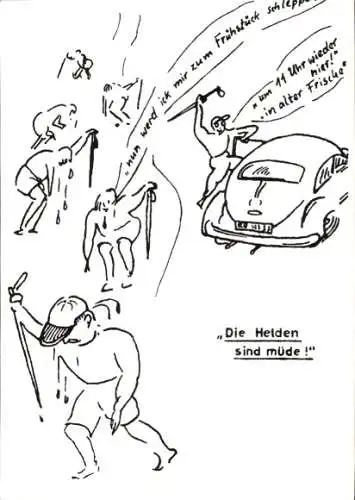Ak Helden sind müde, Wanderer, Auto, Frühstück