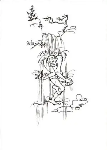 Ak Mann am Wasserfall, Ganz nass, Kitsch