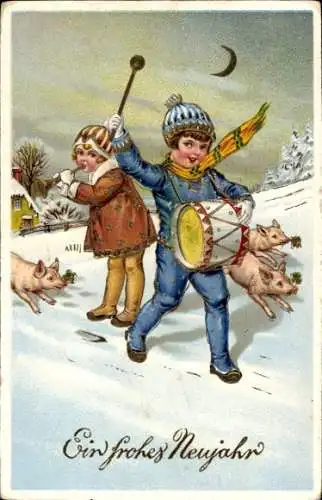 Ak Glückwunsch Neujahr, Musizierende Kinder, Schweine