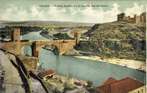 Ak Toledo Kastilien La Mancha Spanien, Puente Alcantara, Castillo San Serbando