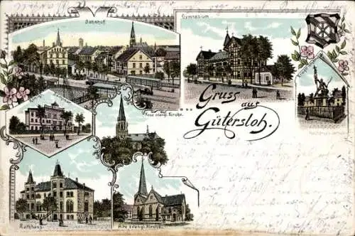 Litho Gütersloh in Westfalen, Bahnhof, Gymnasium, Rathaus, Kriegerdenkmal, Kirche