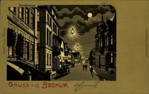 Mondschein Litho Beckum im Kreis Warendorf, Nordstraße mit Hotel Samson