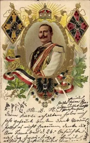Präge Wappen Litho Kaiser Wilhelm II., Portrait, König von Preußen, Kaiserstandarte