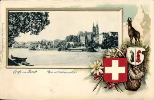 Präge Wappen Passepartout Litho Basel Bâle Stadt Schweiz, Pfalz mit Wettsteinbrücke