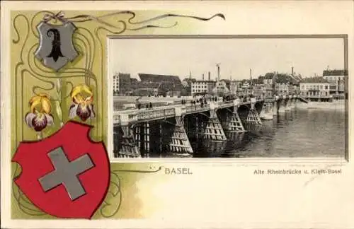 Präge Wappen Passepartout Litho Basel Bâle Stadt Schweiz, alte Rheinbrücke und Klein Basel