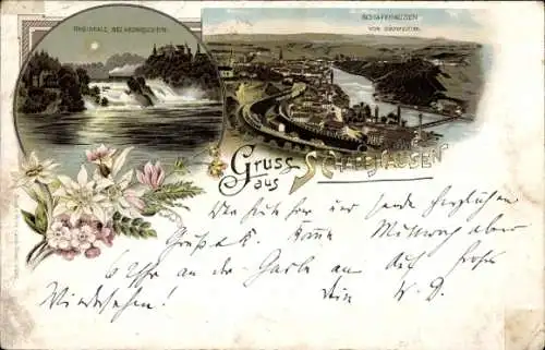 Litho Schaffhausen am Rhein Schweiz, Panorama vom Südwesten, Rheinfall bei Mondschein