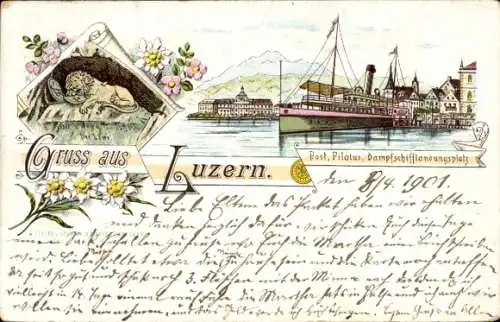 LLitho uzern Stadt Schweiz, Post, Pilatus Dampfschifflandungsplatz