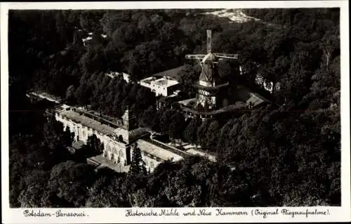 Ak Potsdam in Brandenburg, Schloss Sanssouci, Historische Mühle, Neue Kammern, Fliegeraufnahme