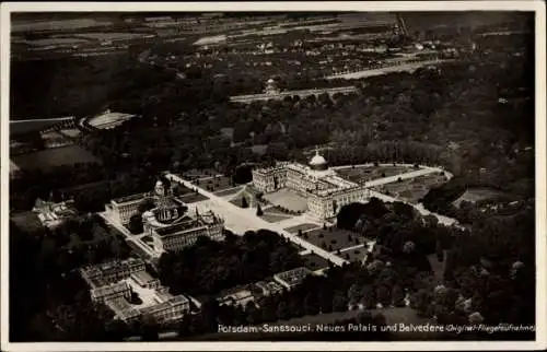 Ak Potsdam in Brandenburg, Sanssouci, Neues Palais, Belvedere, Fliegeraufnahme