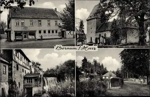 Ak Bornum Börßum am Harz, Kirche, Gemischtwarenladen, Kirche, Wassermühle