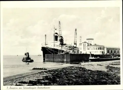 Ak Bremerhaven, Dampfschiff America am Kolumbuspier, HAPAG