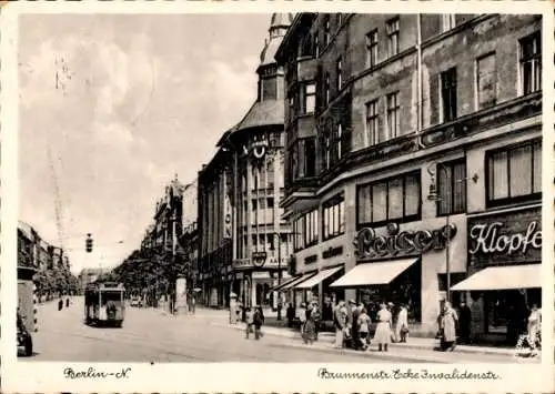 Ak Berlin Mitte, Brunnenstraße Ecke Invalidenstraße, Geschäft Leiser, Union, Straßenbahn