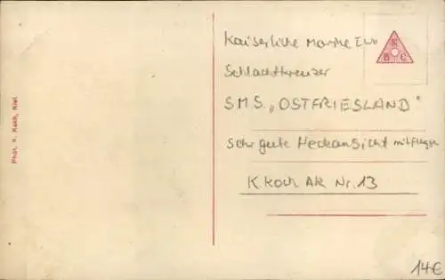 Ak Deutsches Kriegsschiff, S.M.S. Ostfriesland, Heckansicht