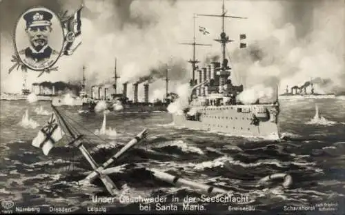 Ak Deutsches Kriegsschiff, Ostasiengeschwader in der Seeschlacht, SMS Leipzig, Dresden, Gneisenau