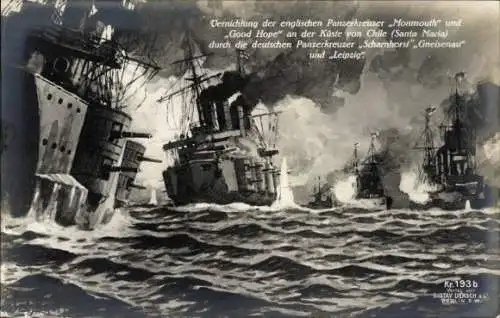 Künstler Ak Bahndorf, Deutsches Kriegsschiff, Seeschlacht vor Chile, I WK
