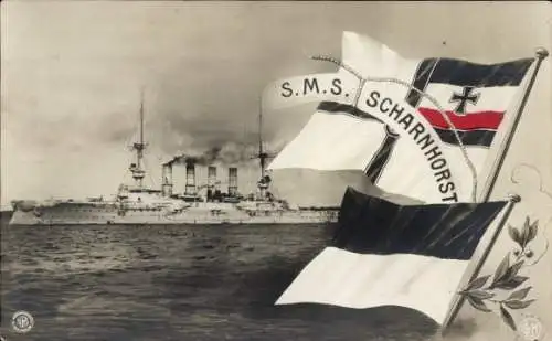 Ak Deutsches Kriegsschiff, SMS Scharnhorst, Kaiserliche Marine, Fahnen, NPG