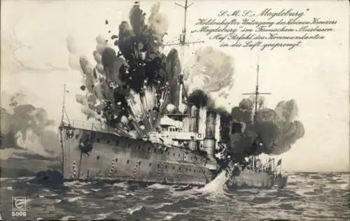 Ak Deutsches Kriegsschiff SMS Magdeburg, Kleiner Kreuzer, Unter Beschuss, Untergang
