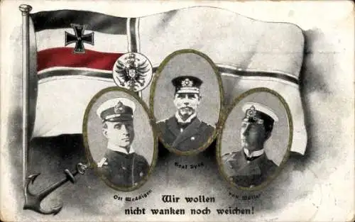 Präge Ak Drei Deutsche Seehelden, Graf Spee, Otto Weddigen, Von Müller, Fahnen, Kaiserliche Marine