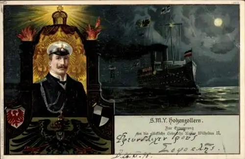 Mondschein Litho Deutsches Kriegsschiff, SMY Hohenzollern, Kaiser Wilhelm II., Portrait