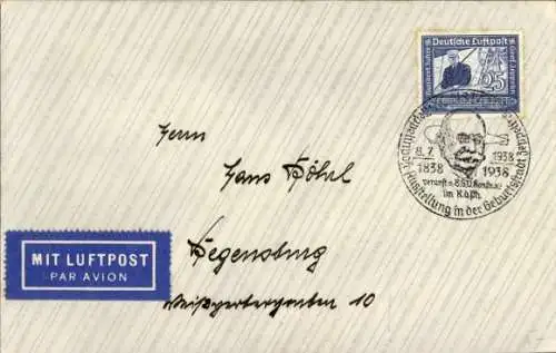 Briefumschlag Luftpost, Sondermarke mit Sonderstempel, Ausstellung in der Geburtsstadt Zeppelins