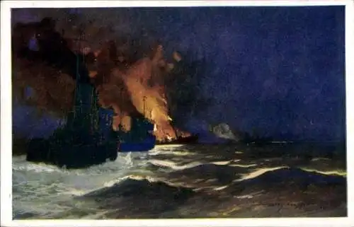Künstler Ak Heusser, Harry, Österreichische Kriegsschiffe, Fahrt von Brindisi nach Durazzo