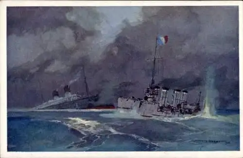 Künstler Ak Heusser, Österreichisches Kriegsschiff versenkt italienischen Hilfskreuzer