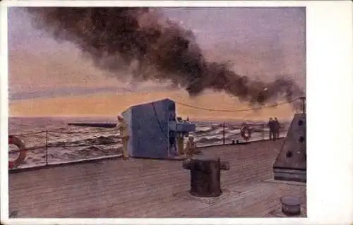 Künstler Ak Österreichisches Kriegsschiff, Rapidkreuzer, Gefecht in der Otrantostraße 1917