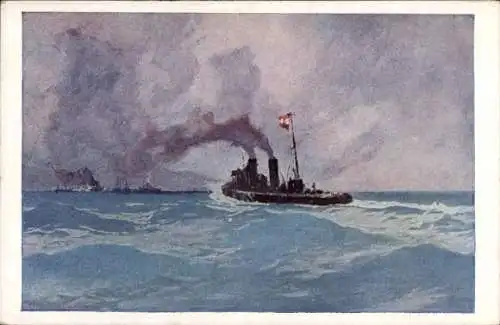 Künstler Ak Heusser, Österreichisches Kriegsschiff, Vernichtung italienischer Transportdampfer