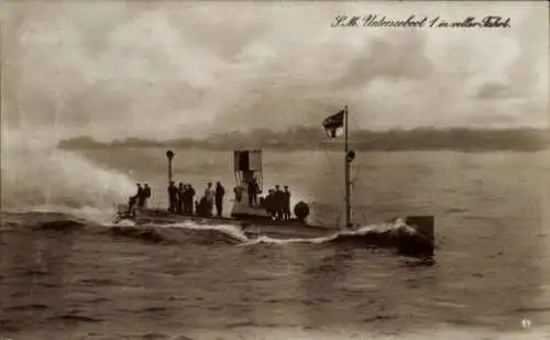 Foto Ak Deutsches U Boot, Unterseeboot 1, U 1, In voller Fahrt