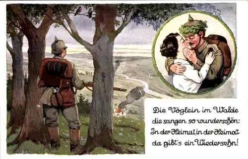 Künstler Ak Soldatenliebe, Liebespaar, Kuss, Die Vöglein im Walde die sangen so wunderschön...